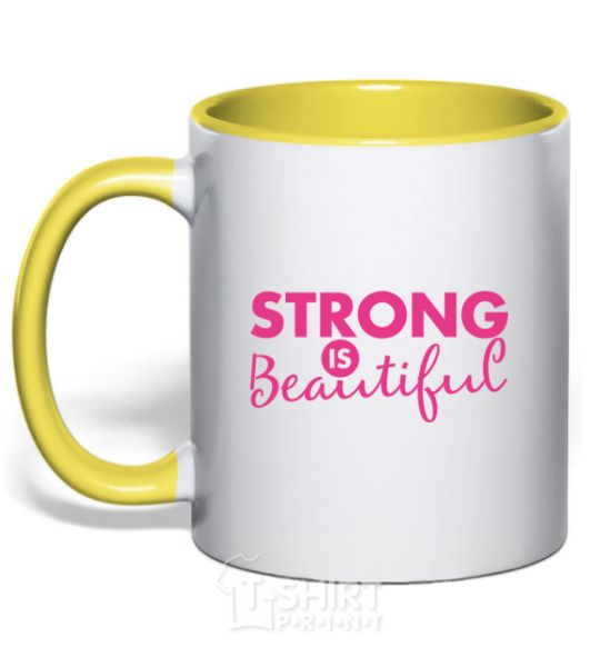 Mug with a colored handle Strong is beautiful yellow фото