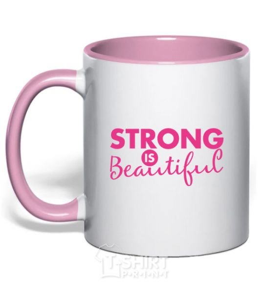 Mug with a colored handle Strong is beautiful light-pink фото