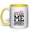 Mug with a colored handle Crossfit it's just me against myself yellow фото