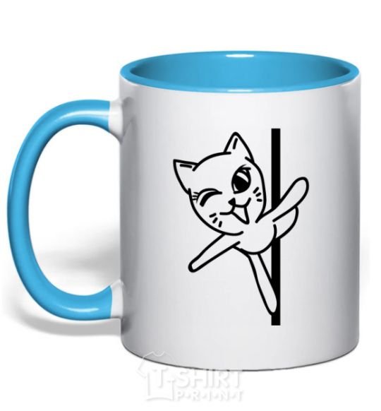 Mug with a colored handle Pole cat sky-blue фото