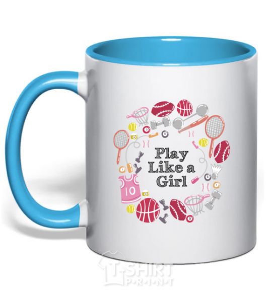 Mug with a colored handle Play like a girl sky-blue фото