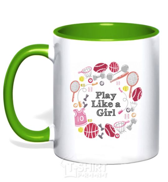 Mug with a colored handle Play like a girl kelly-green фото