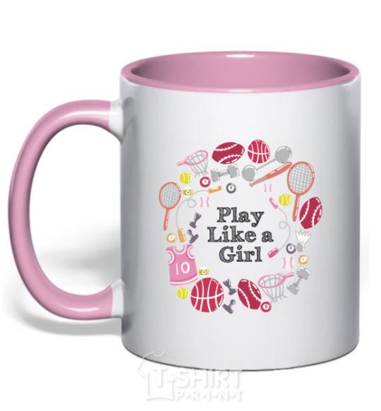 Mug with a colored handle Play like a girl light-pink фото