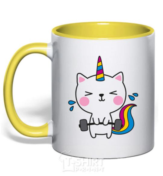 Mug with a colored handle Deadlift unicorn yellow фото
