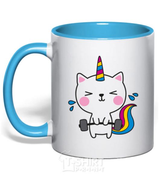 Mug with a colored handle Deadlift unicorn sky-blue фото