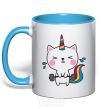 Mug with a colored handle Deadlift unicorn sky-blue фото