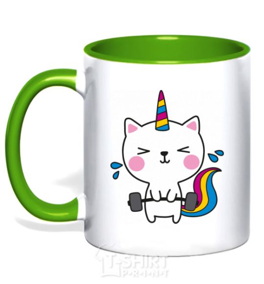 Mug with a colored handle Deadlift unicorn kelly-green фото