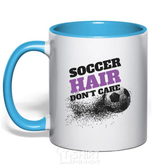 Mug with a colored handle Soccer hair don't care sky-blue фото