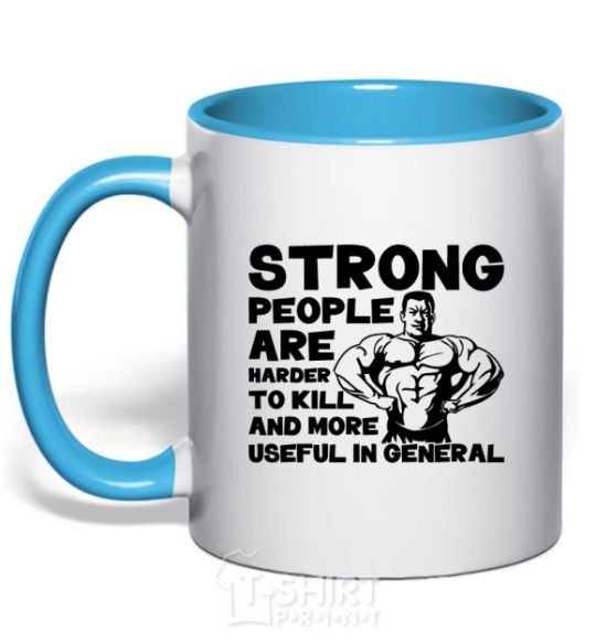 Mug with a colored handle Strong people sky-blue фото