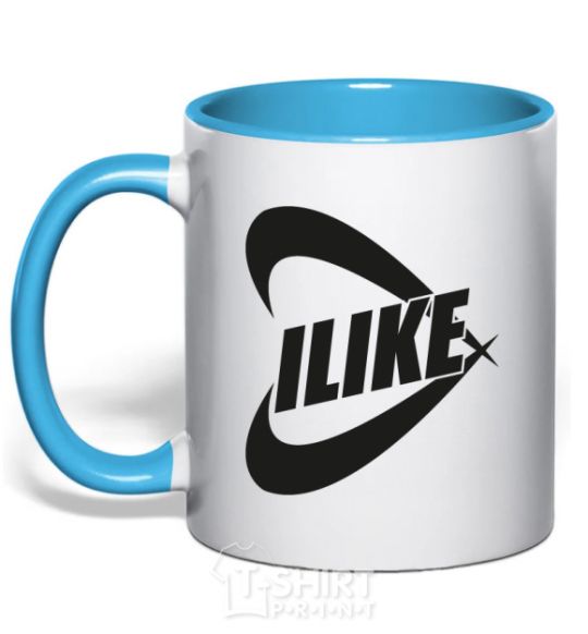 Mug with a colored handle I like sky-blue фото