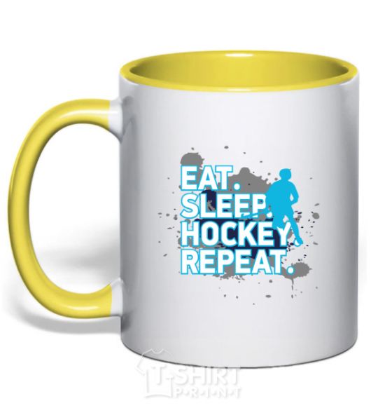 Mug with a colored handle Eat sleep hockey repeat yellow фото