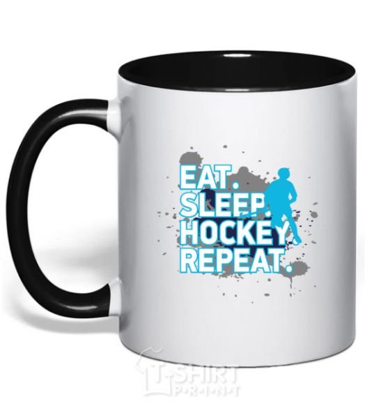Чашка с цветной ручкой Eat sleep hockey repeat Черный фото