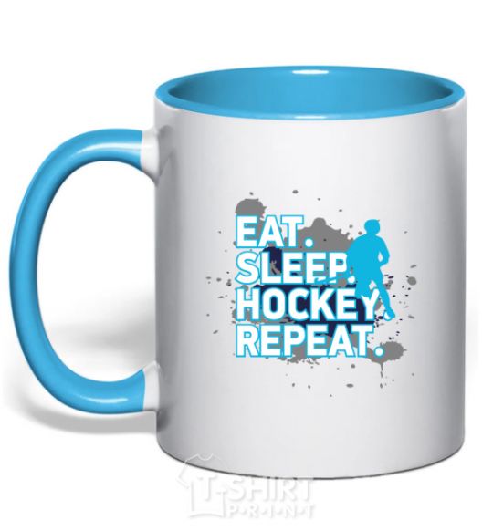 Чашка с цветной ручкой Eat sleep hockey repeat Голубой фото