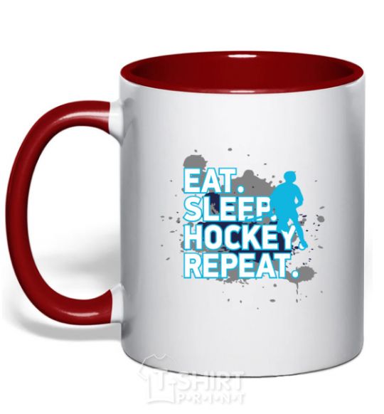 Mug with a colored handle Eat sleep hockey repeat red фото