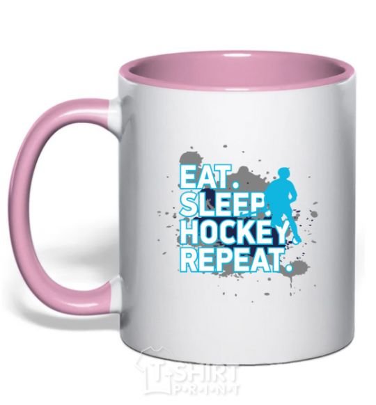 Mug with a colored handle Eat sleep hockey repeat light-pink фото