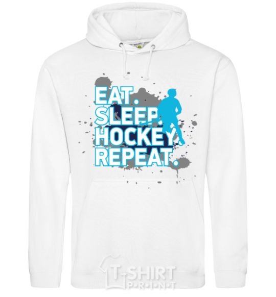 Мужская толстовка (худи) Eat sleep hockey repeat Белый фото