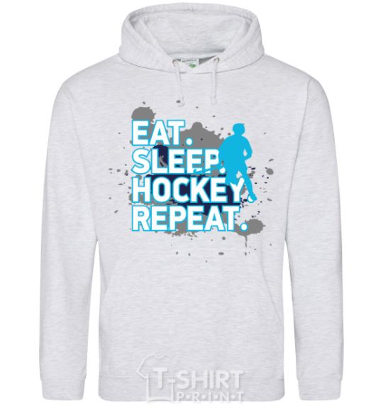 Мужская толстовка (худи) Eat sleep hockey repeat Серый меланж фото