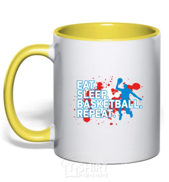 Mug with a colored handle Eat sleep basketball repeat yellow фото