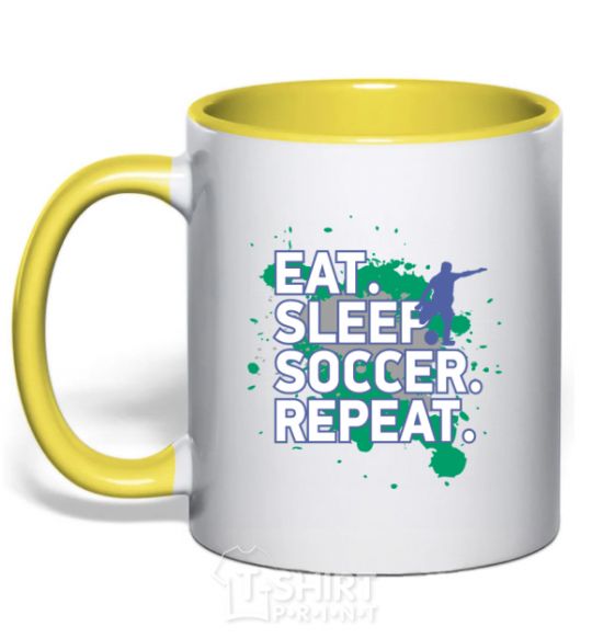 Mug with a colored handle Eat sleep soccer repeat yellow фото