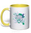 Mug with a colored handle Eat sleep soccer repeat yellow фото