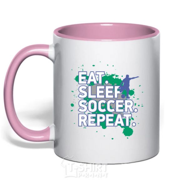 Mug with a colored handle Eat sleep soccer repeat light-pink фото