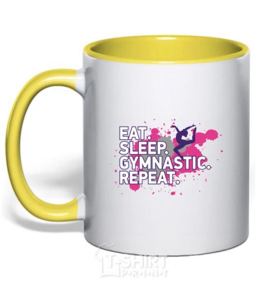 Mug with a colored handle Eat sleep gymnastic repeat yellow фото