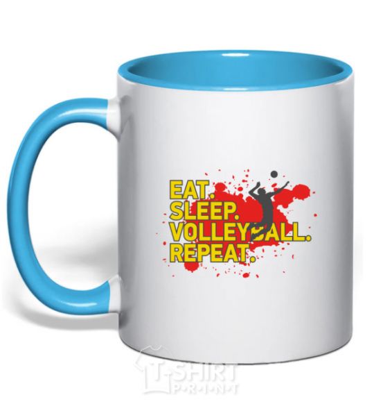 Mug with a colored handle Eat sleep volleyball repeat sky-blue фото
