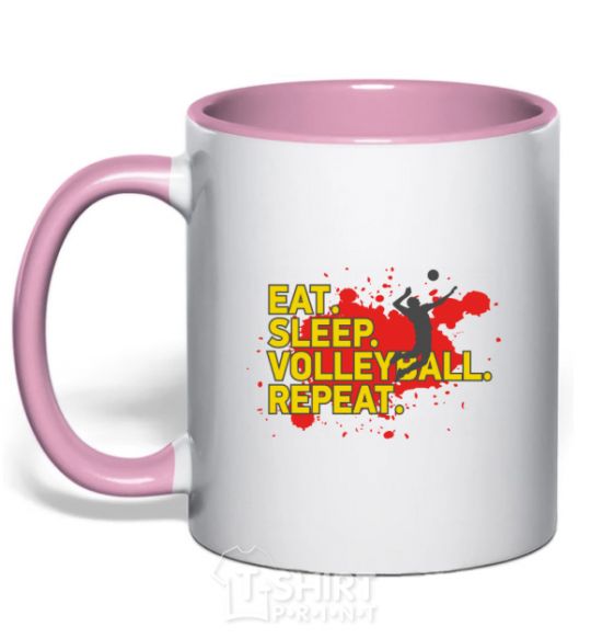 Mug with a colored handle Eat sleep volleyball repeat light-pink фото