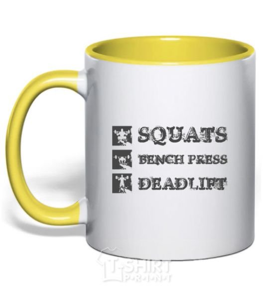 Mug with a colored handle Squats bench press deadlift yellow фото