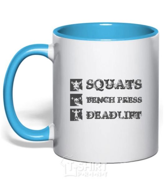 Mug with a colored handle Squats bench press deadlift sky-blue фото