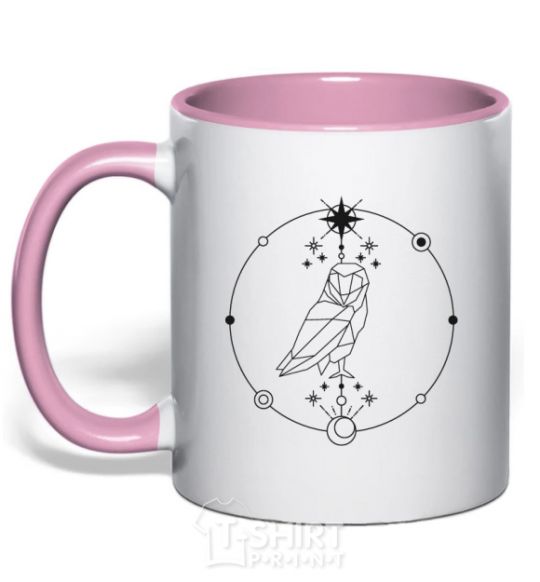 Mug with a colored handle Owl geometry light-pink фото