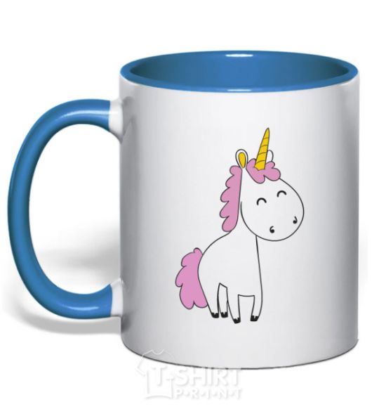 Mug with a colored handle A cute full-sized unicorn royal-blue фото