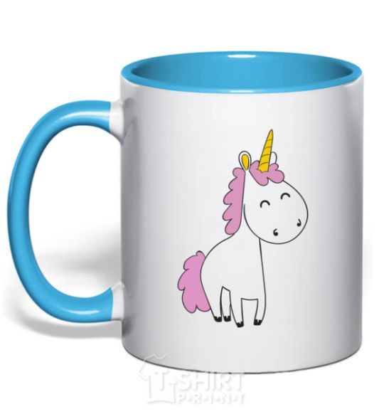 Mug with a colored handle A cute full-sized unicorn sky-blue фото
