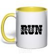 Mug with a colored handle Made to run text yellow фото