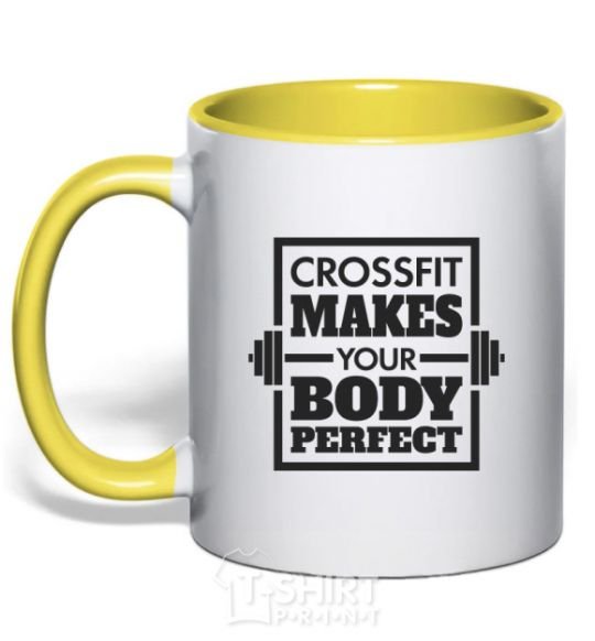 Mug with a colored handle Crossfit makes your body perfect yellow фото