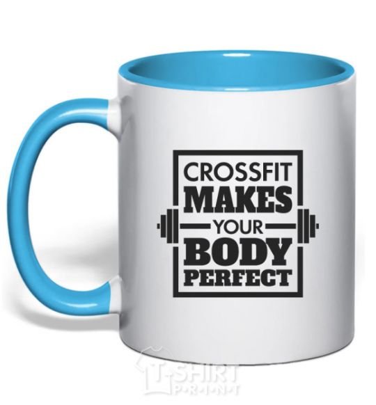 Mug with a colored handle Crossfit makes your body perfect sky-blue фото