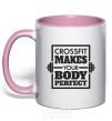 Mug with a colored handle Crossfit makes your body perfect light-pink фото