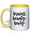 Mug with a colored handle Brains beauty booty yellow фото