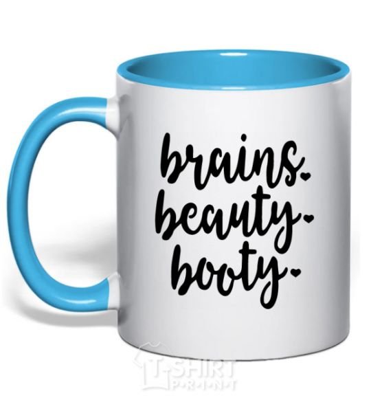 Mug with a colored handle Brains beauty booty sky-blue фото