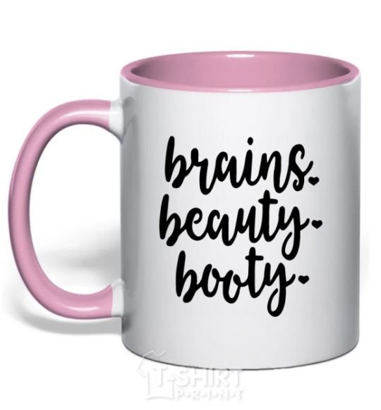 Mug with a colored handle Brains beauty booty light-pink фото