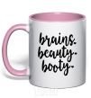 Mug with a colored handle Brains beauty booty light-pink фото