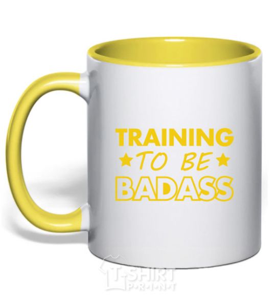 Mug with a colored handle Training to be badass yellow фото