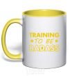 Mug with a colored handle Training to be badass yellow фото