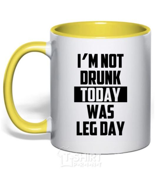 Mug with a colored handle I'm not drunk today was leg day yellow фото