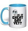 Mug with a colored handle Is it cheat day yet sky-blue фото