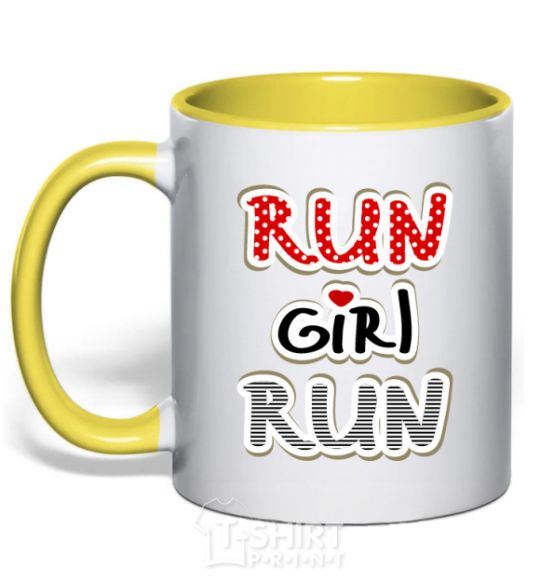Mug with a colored handle Run girl run yellow фото