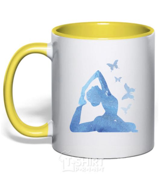 Mug with a colored handle Yoga girl yellow фото