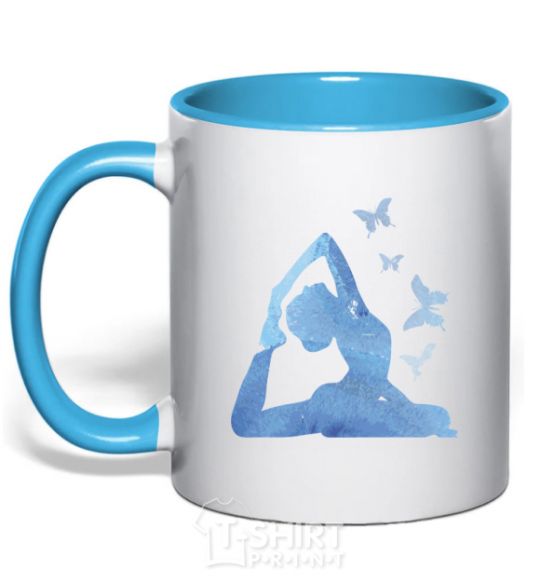 Mug with a colored handle Yoga girl sky-blue фото