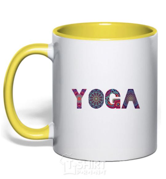 Mug with a colored handle Yoga text yellow фото