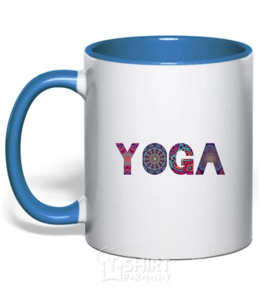 Mug with a colored handle Yoga text royal-blue фото